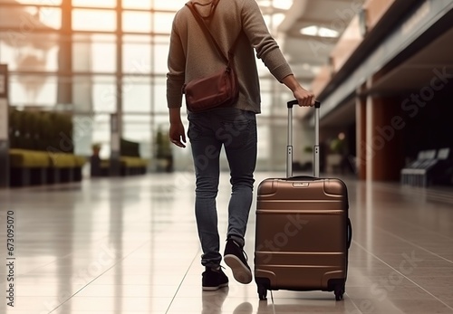 young man drags a suitcase in the airport hall