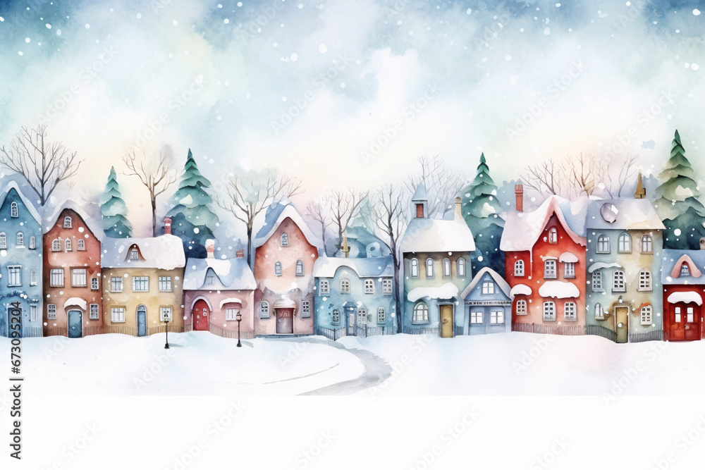  A Cozy and Cute Christmas Watercolor Winter Town Illustration, Inviting You to Discover the Whimsical Delights of a Snowy Wonderland
