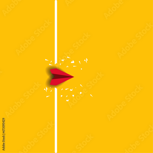 Paper plane.
Airplane made of red paper overcomes the risk barrier. Overcoming obstacles in achieving the goal idea concept