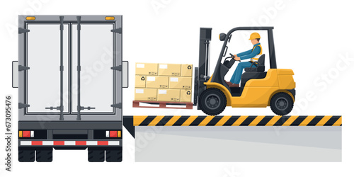 Forklift loading a pallet with boxes to a container truck at the loading and unloading dock. Forklift driving safety. Cargo and shipping logistics. Industrial storage and distribution of products