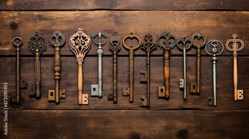 A collection of various keys on a wooden surface, including old-fashioned skeleton keys and modern keys with intricate patterns
