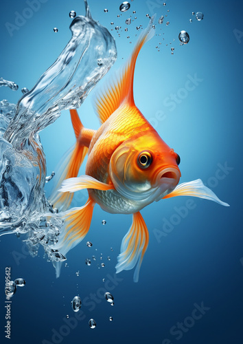 A goldfish is just jumping from a fishbowl and looking back the water splashing with blue background created with Generative Ai