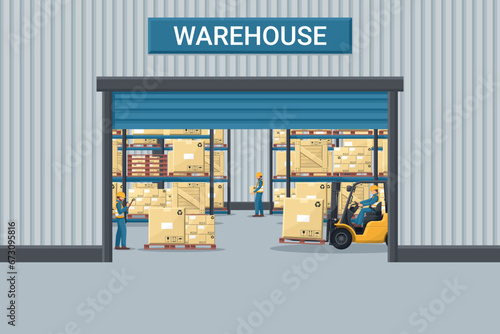 Warehouse with industrial metal racks and shelves for pallet support. Worker driving a forklift. Forklift driving safety. Cargo and shipping logistics. Industrial storage and distribution of products