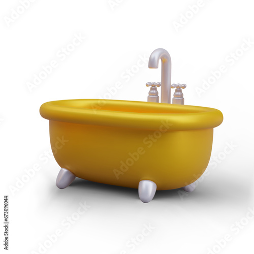 Golden clawfoot bathtub with faucet, regulators. Color illustration in cartoon style. Luxurious, expensive plumbing equipment. Vector image with shadow