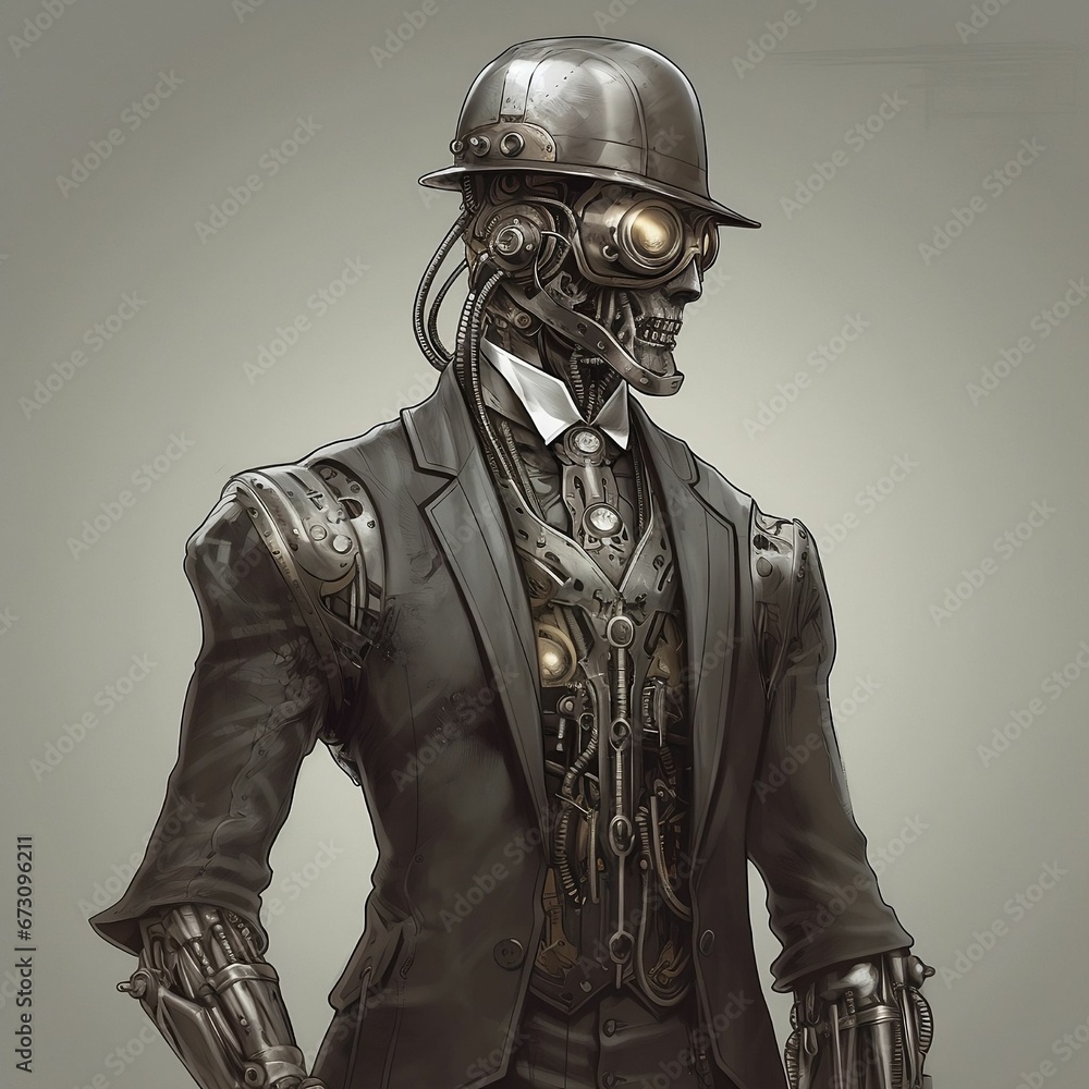AI generated illustration of a monochromatic steampunk robot AI generated illustration of a monochromatic steampunk robot