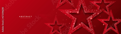 Red star and sparkle on a red background. Award, Celebration party banner. Vector illustration