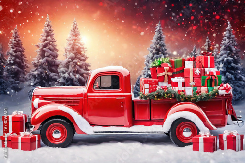 A red pickup truck decorated with gift boxes and a Christmas wreath stands in the woods, Santa Claus' magical transportation. New Year and Christmas background