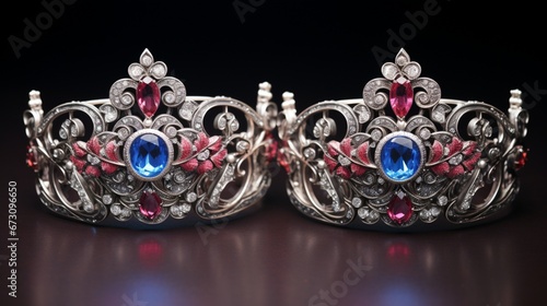 A pair of ornate, silver tiaras with intricate detailing and sparkling gemstones