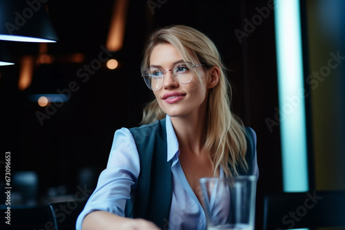 Happy Business Woman Drinking Water In The Restaurant