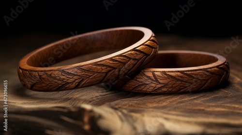 A pair of rustic wooden bangles intertwined, showcasing their unique textures and grains photo