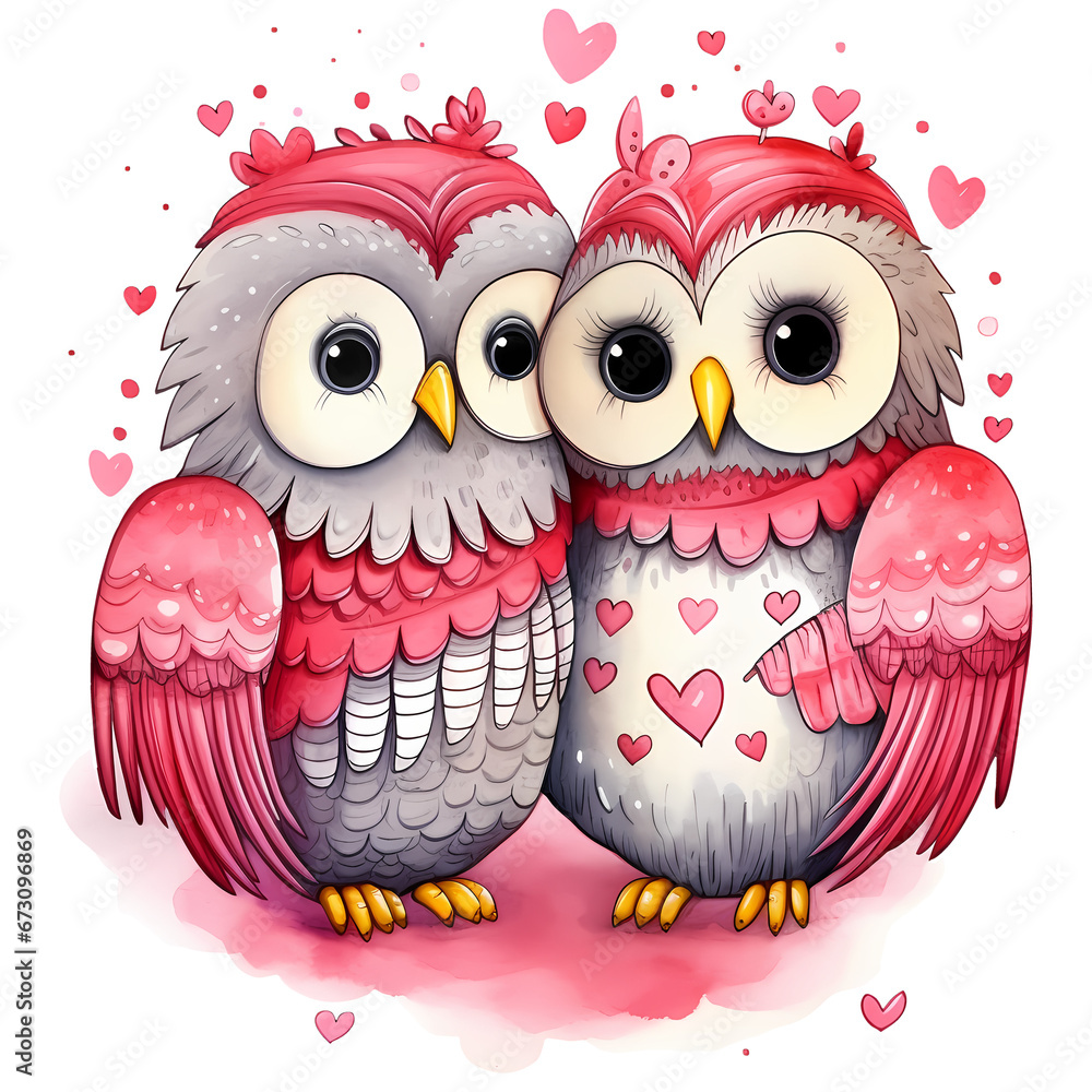Fototapeta premium Watercolor Cute Owl Couple Valentine Clipart Illustration
