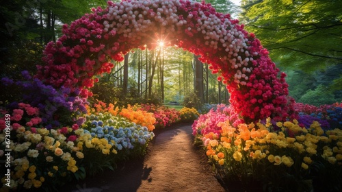 A pristine, perfectly formed halo of colorful flowers in a lush garden