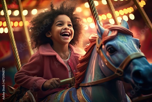 Young girl having fun on children's playground carousel © jambulart
