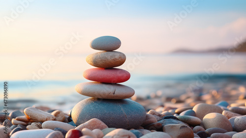 Zen stone tower with peaceful sea and sky bokeh