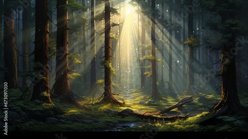 A serene forest scene with sunlight filtering through tall trees  creating captivating patterns