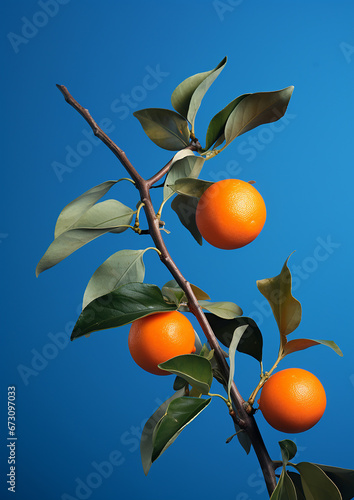 A branch with an orange with blue sky background created with Generative Ai