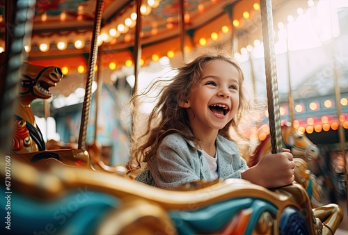 Young girl having fun on children's playground carousel