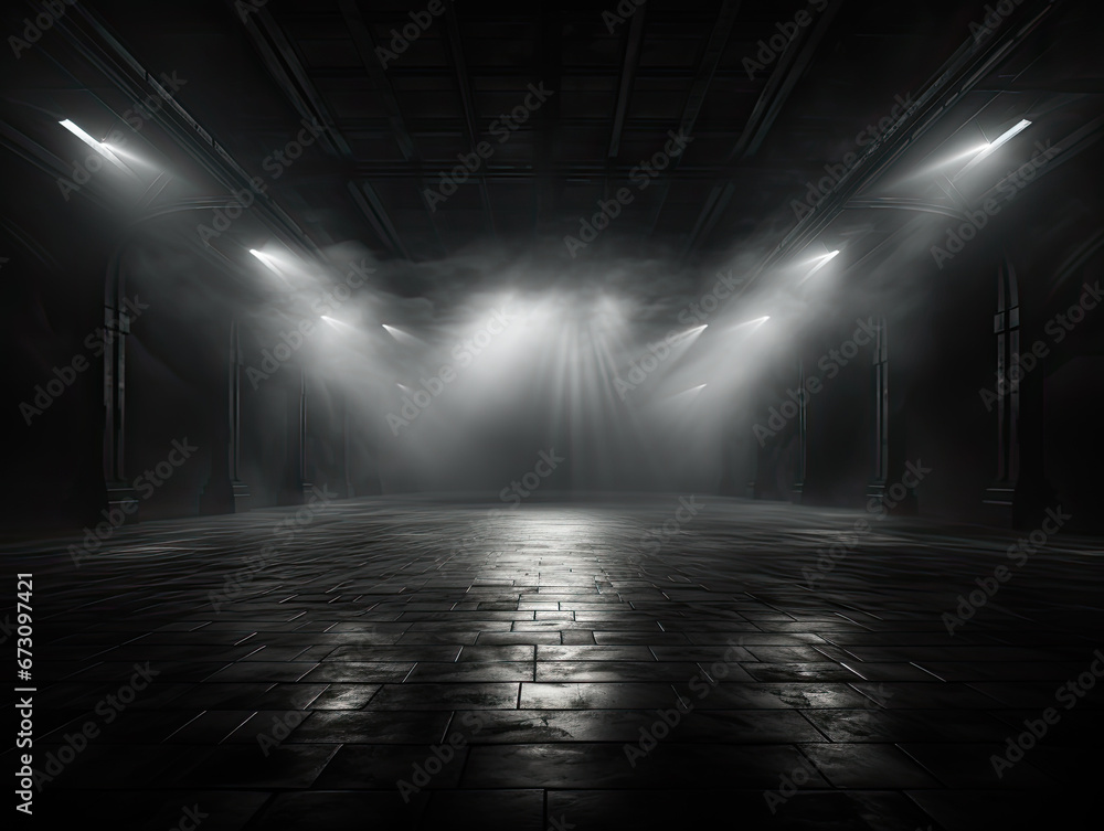 Craft an empty scene with a concentrated, dark floor texture veiled in mist or fog for an intriguing background.
