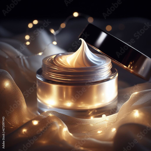 Capture the radiant essence of a cosmetic cream, emphasizing its luminous texture through skillful backlighting, ideal for showcasing skincare's luxurious beauty
