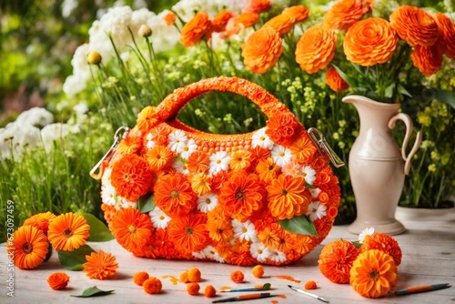 orange flowers in a vase, orange purse on table with flowers, hand bag, hand purse, photo
