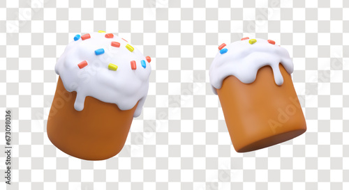 Sweet Easter cake in different positions. Tasty round bread with white cream for holiday. Bakery or homemade bakery concept. Vector illustration in 3d style