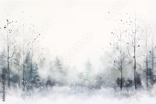 A Watercolor Winter Forest Painting, Capturing the Serene Beauty and Mystique of a Snow-Laden Woodland in the Heart of Winter © Andrii Fanta