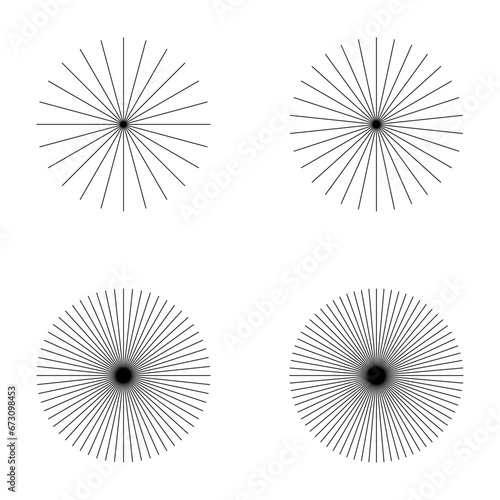 Set of converging radiating lines burst icon, geometric sunburst element, sun shape vector illustration