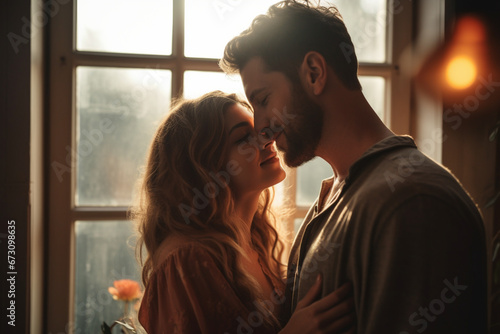 Love and relationship with young mature man and woman at home in romantic indoor leisure activity together, One adult man hug bonding serene woman in front of a window, Romance and people embrace © alisaaa
