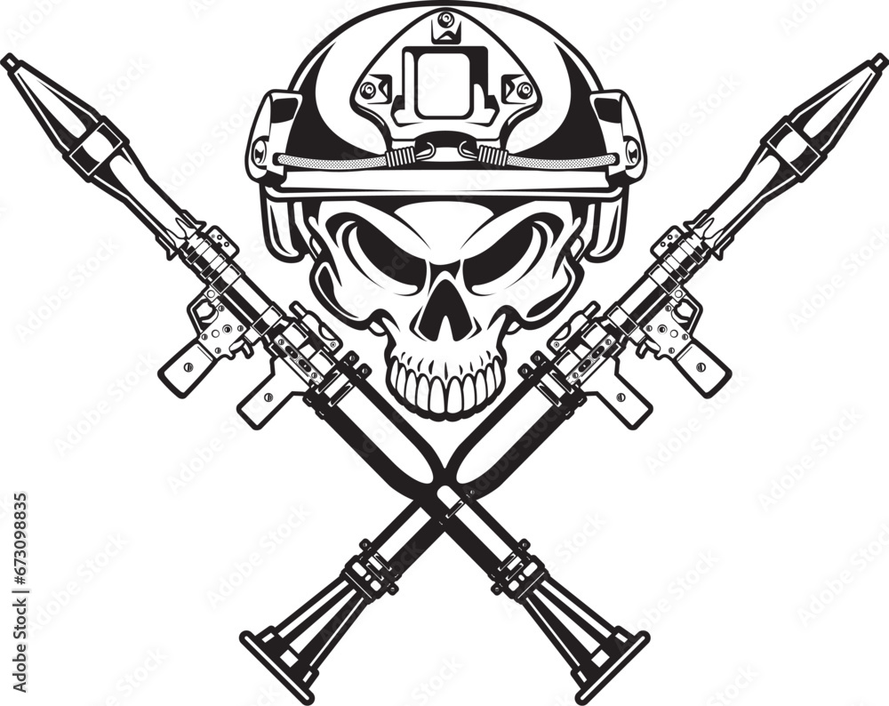 Military skull wearing military helmet and crossed rpg-7 rocket ...
