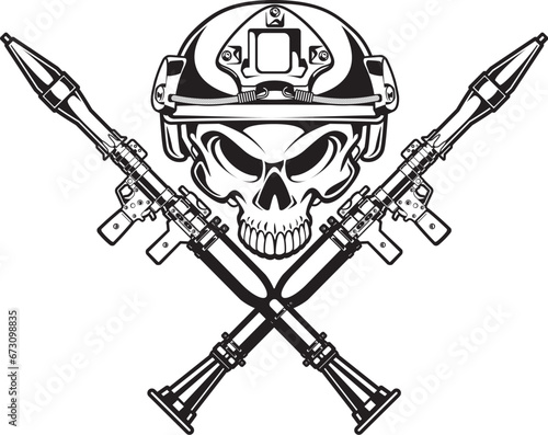 Military skull wearing military helmet and crossed rpg-7 rocket-propelled grenade launchers