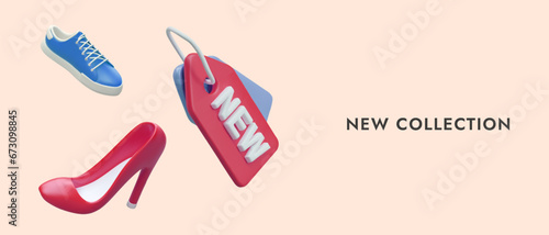 New collection of men and women shoes. Sports models and elegant high heeled shoes. Labels marked new. Concept for online store. Vector color web design