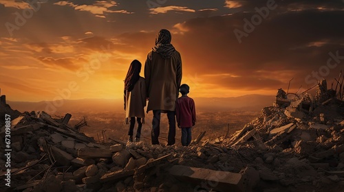 homeless parents and children walking in the destroyed city, while soldiers, helicopters and tanks are still attacking the city
