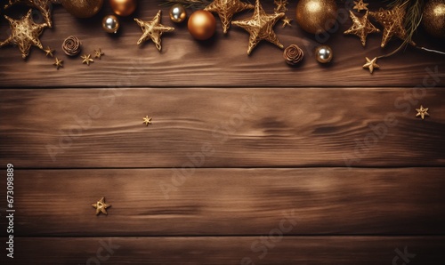 christmas decoration with baubles and golden stars on wooden background