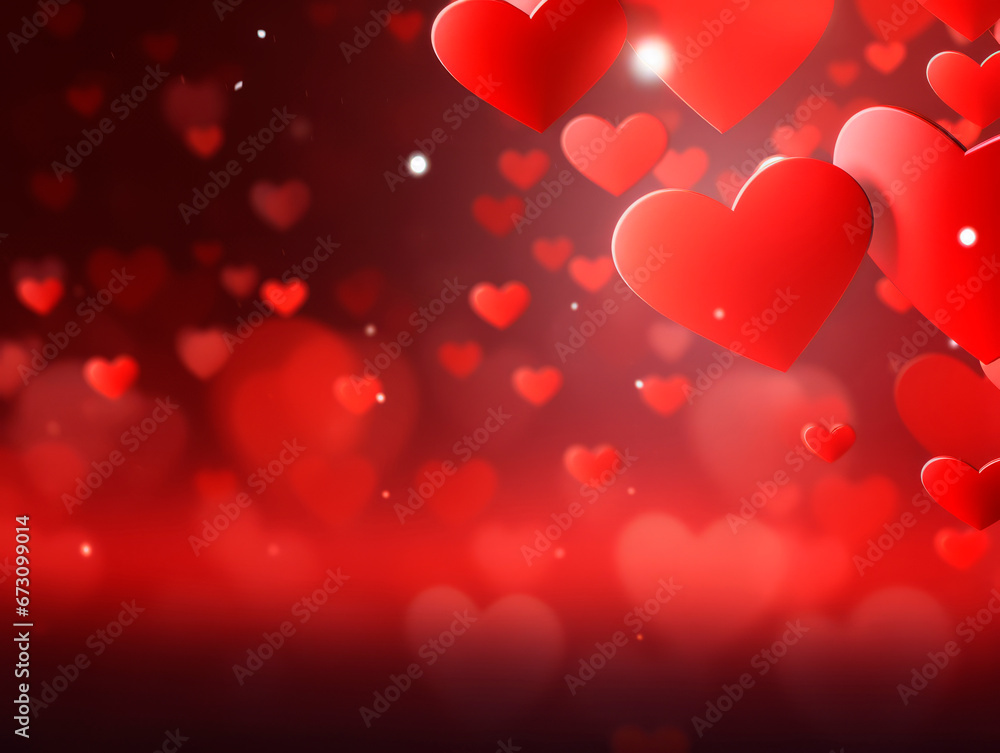 Red background with hearts for Valentine's Day with blur effect 