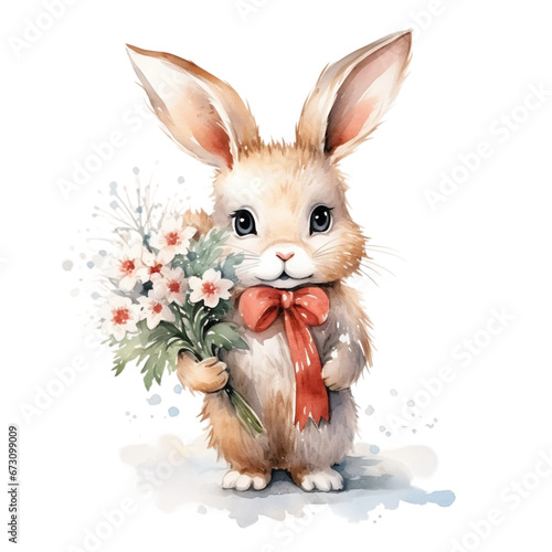 watercolor rabbits happy with flower