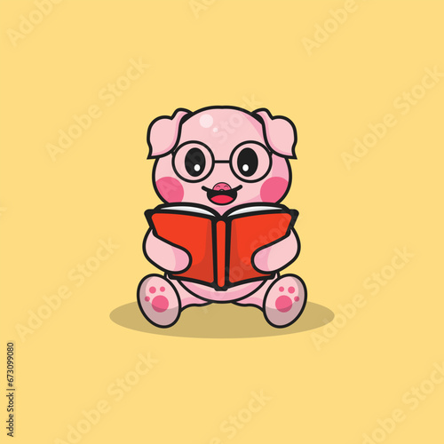 Cute Pig wear glasses with book Cartoon Vector Flat Illustration Studying Animal Icon