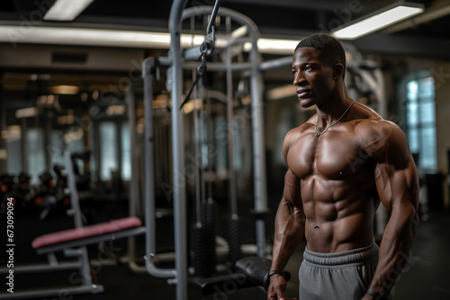 African-American Male Athlete Exhibiting Sculpted Physique During Gym Workout, Symbolizing Strength, Endurance, and Fitness Dedication