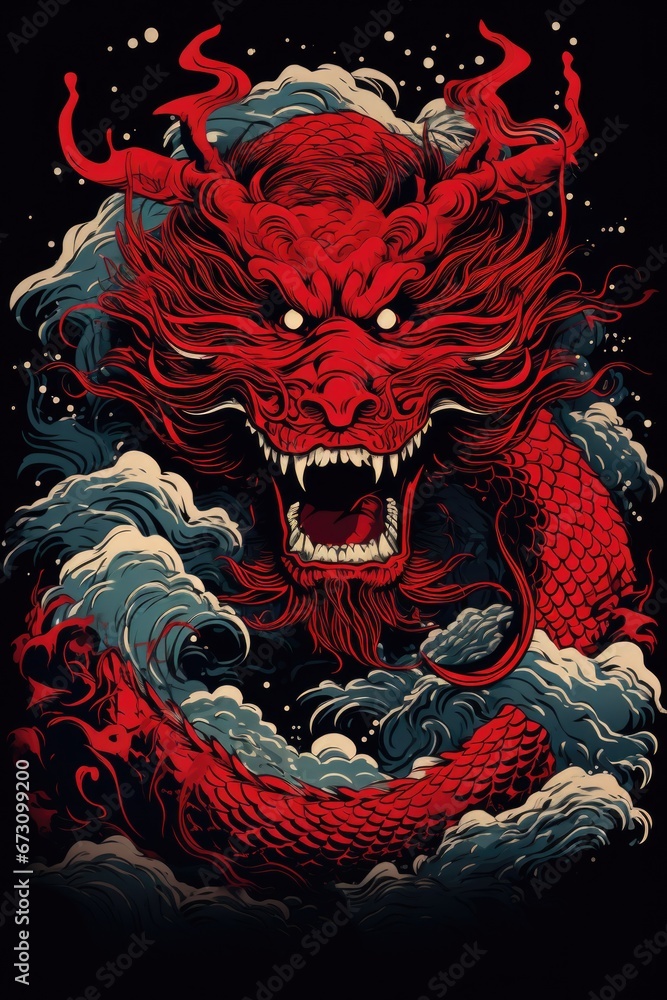 A red dragon captured in the midst of a crashing wave. This image can be used to depict power, strength, and the forces of nature.