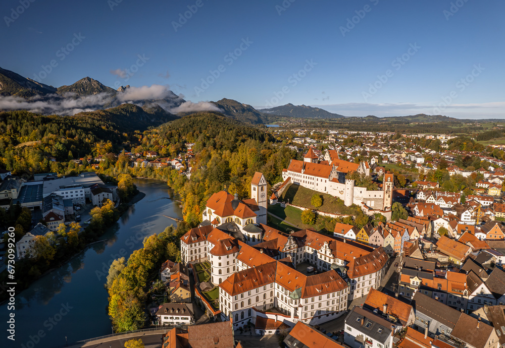 Aerial view of the High Castle in Fussen, Germany.  Hohes Schloss, The Gothic High Castle of the Bishops of Augsburg is located on a hill above the old town of Füssen in Swabia.