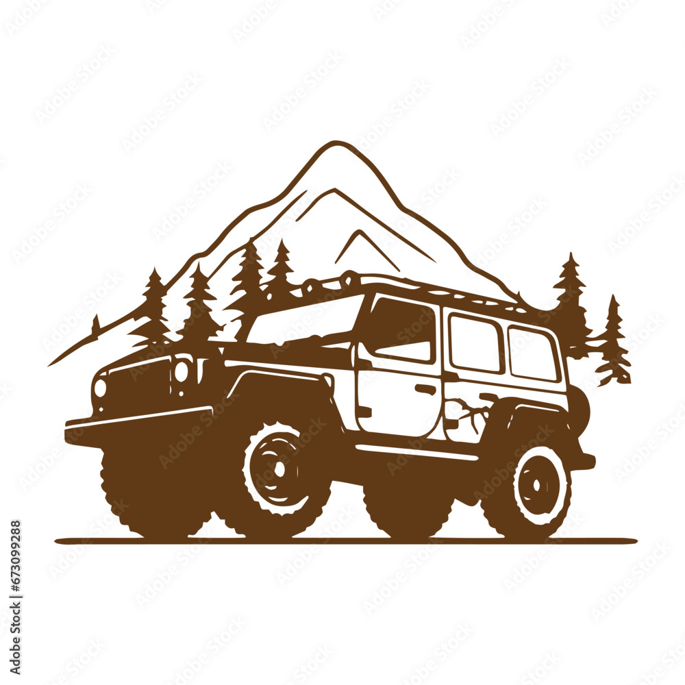 Obraz premium A logo of off road jeep 4x4 car silhouette visit mountain concept isolated icon long drive vector