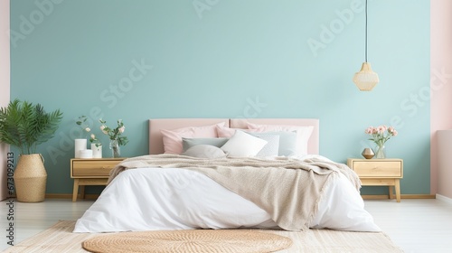 Interior of stylish room with big bed Created with generative Ai	
 photo