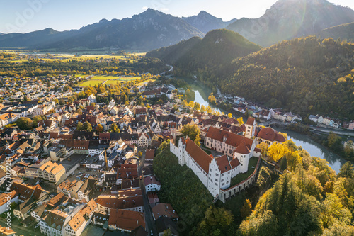 Aerial view of the High Castle in Fussen, Germany.  Hohes Schloss, The Gothic High Castle of the Bishops of Augsburg is located on a hill above the old town of Füssen in Swabia. photo