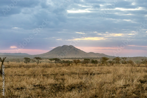Kenyan savanna landscape at Tsavo East National Park, Kenya