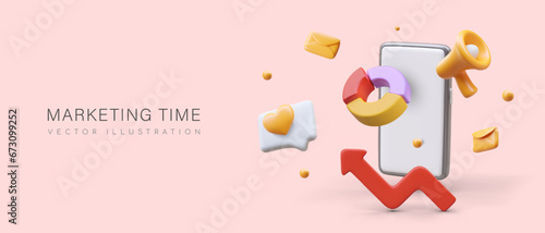 Marketing time. Color pie chart, megaphone, social network icons, smartphone, letters. Promotion of goods and services. Online trade. 3D vector illustration, place for text
