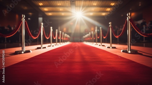 Red carpet rolling out in front of glamorous movie premiere, copy space, 16:9