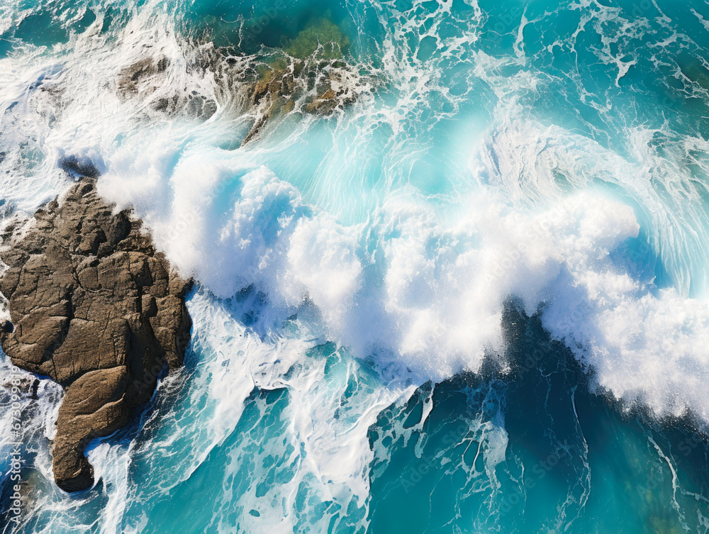 Aerial view from above of turquoise ocean water with splashes