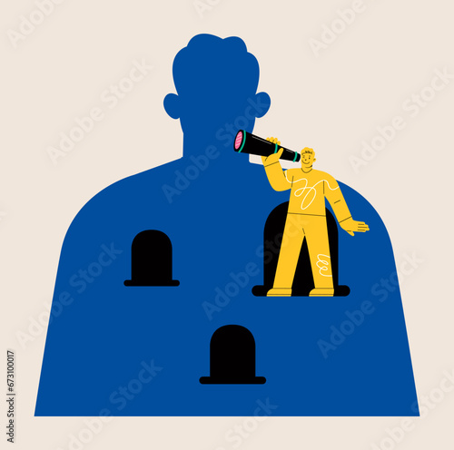 Man with binoculars plans and sets goals. Mental self discovery concept. Colorful vector illustration