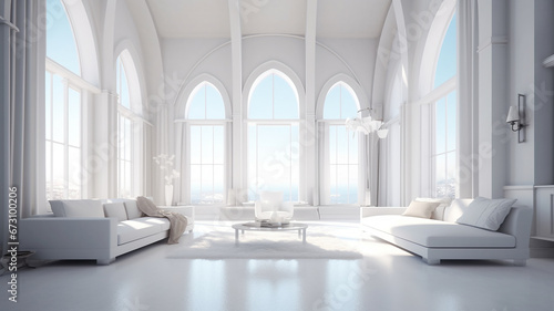 White interior design with large window.