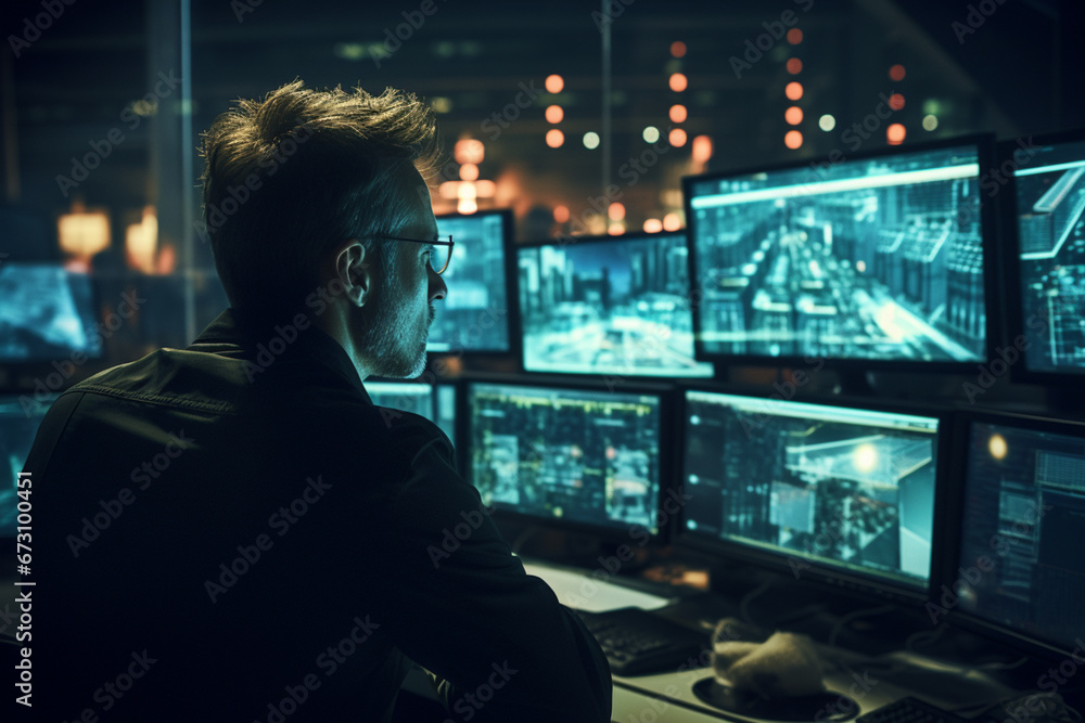 Man working in surveillance room and looking at monitors Man working in surveillance room and looking at monitors