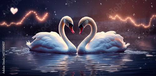 Fototapeta Naklejka Na Ścianę i Meble -  A picture of two white swans in the water with hearts in the water. With lighting.